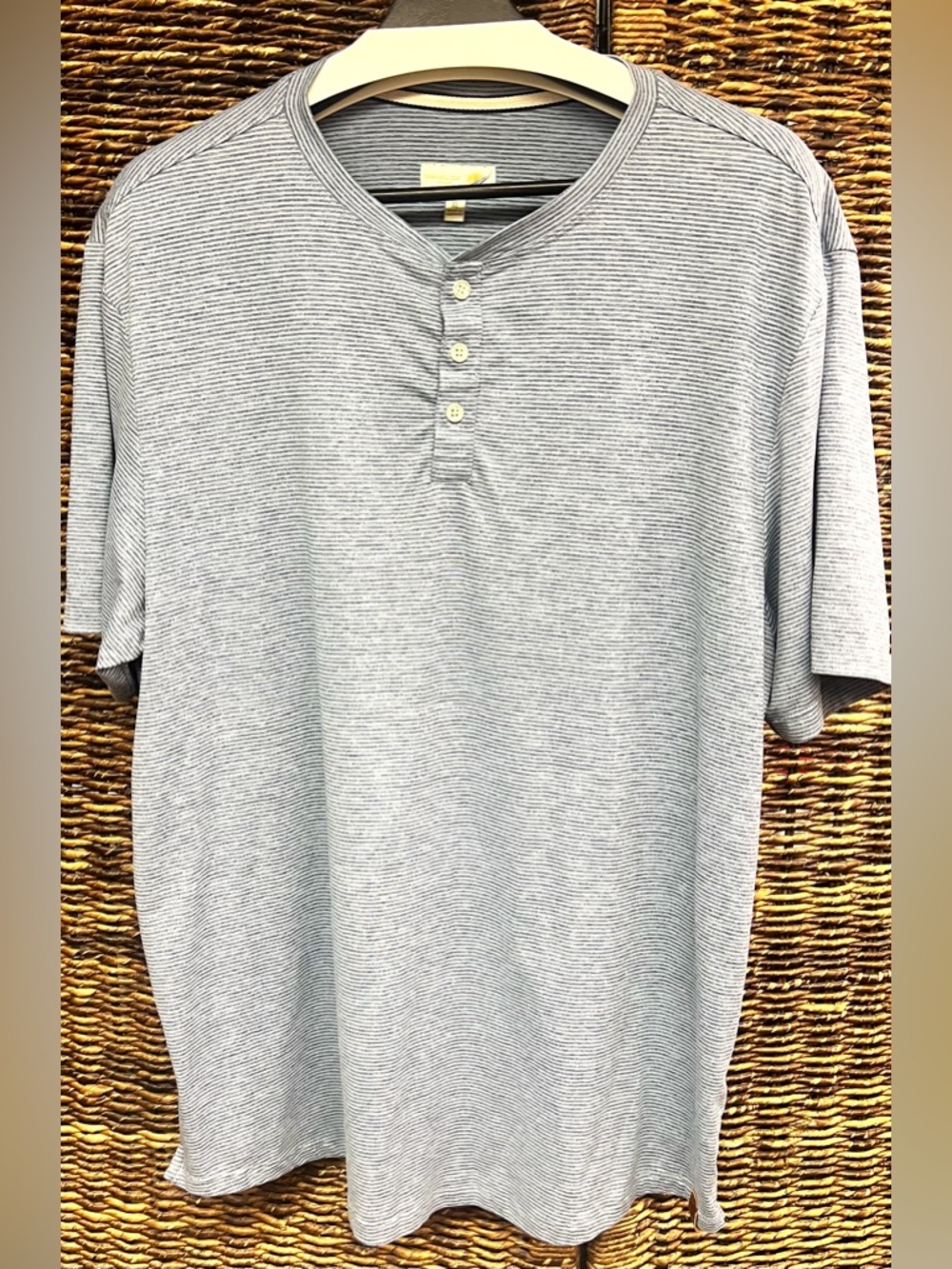 Fundamental Coast- Men's Light Blue Stripe Henley Short Sleeve Shirt- XL